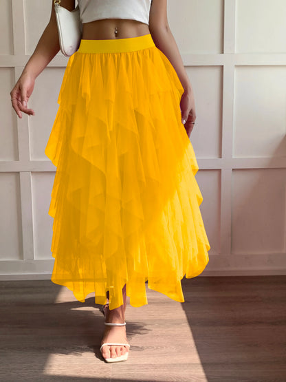 Medium waist chiffon long skirt for women, irregular layered pleated edge layered cake skirt, elegant fairy A-line skirt