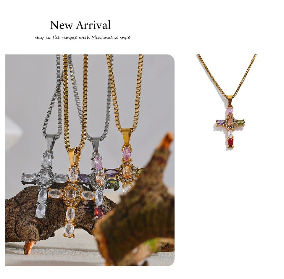 Delicate Colorful Bling Cubic Zirconia Cross Pendant Stainless Steel Luxury Necklace High-Grade Fashion Shiny Jewelry Gift