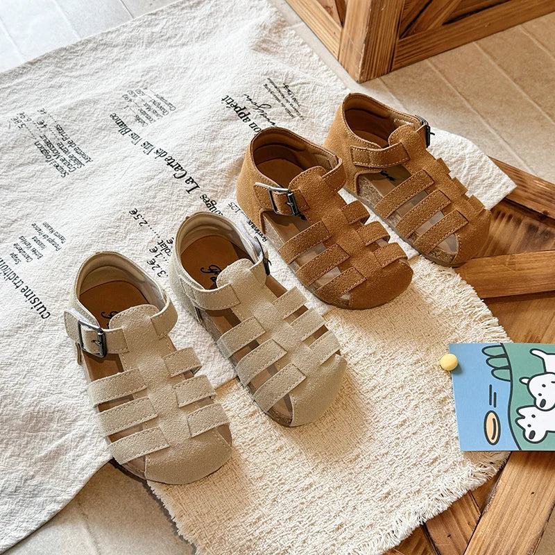 Kids'Casual Shoes Sandals PU Leather Fashion Solid Color Summer Shoes For Girls Buckle Anti-slip Brown White Shoes Size 21-30