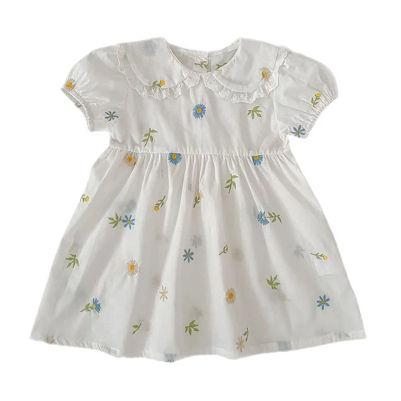 2026 Girls Dress Korean Edition Summer New 2-6Yrs Cotton Embroidered Flower Short Sleeve Girls' Dress Cute Dress
