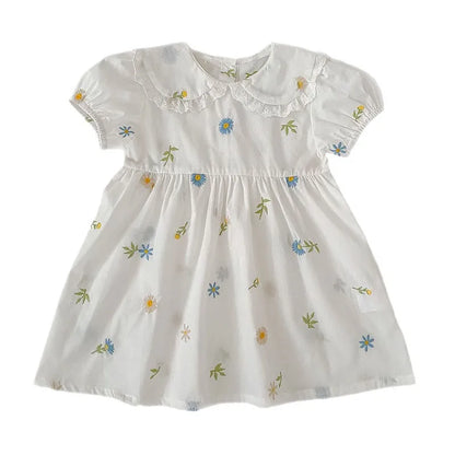 2026 Girls Dress Korean Edition Summer New 2-6Yrs Cotton Embroidered Flower Short Sleeve Girls' Dress Cute Dress