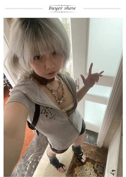 Japanese Y2k Hooded T-shirt Vintage 2000s Style Rabbit Ears Zipper Tops Harajuku Short Sleeve Thin Jacket Korean Popular