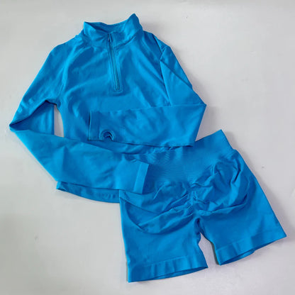No Logo 2pcs Long Sleeve Yoga Set Women Half Zippy Jacket Longline Sports Top Gym Shorts Fitness Suits Running Coats Workout Set