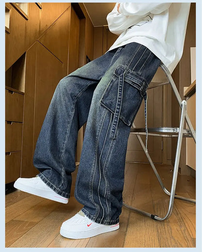 2025 Autumn New Men's Loose Jeans Multi-pocket Work-wearing Jeans Street Hip-hop Straight Wide-leg Pants Baggy Dance Pants