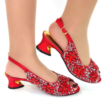 2022 Women's Party Sandals Fashion Full Diamond Flower Design Heel High 5CM Champagne Color Wedding Banquet Ladies Shoes