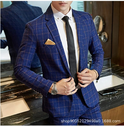 Men's Slim Fit Plaid Wedding Suit Jacket Korean Style Business Casual Single-breasted Suit with Set Wedding Groomsmen Wear