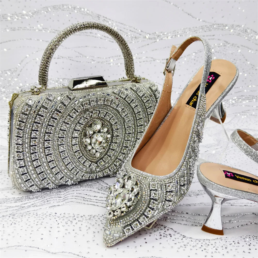 Elegant Rhinestone Pointed Toe Pumps With Matching Bag Set Large Size shoes Big Bag for Women's Party High Heels