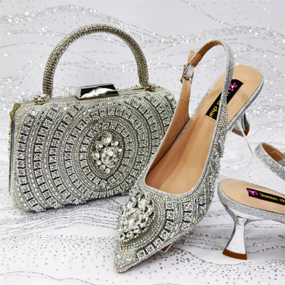Elegant Rhinestone Pointed Toe Pumps With Matching Bag Set Large Size shoes Big Bag for Women's Party High Heels