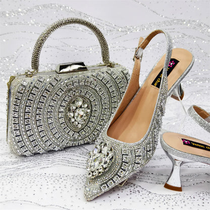 Wome High Heel for Lady 2025 Luxury Designer Orange Color Full Diamond Pointed Toe Wedding Shoe and Bag Set for Party