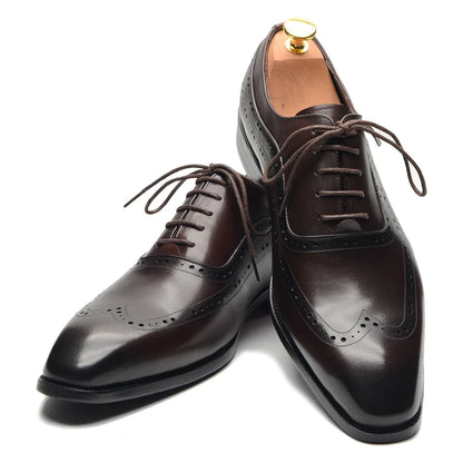 Luxury Mens Wingtip Oxford Dress Shoes Genuine Leather Brogue Dark Brown Lace-up Pointy Toe Business Office Wedding Formal Shoes