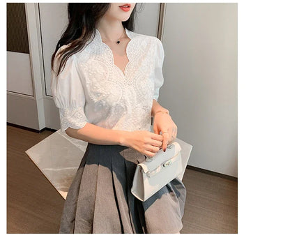 2026 Summer Embroidery Puff Sleeve Linen Cotton Women Blouse Spring Casual White Hollow Out Tops Short Sleeve Shirt