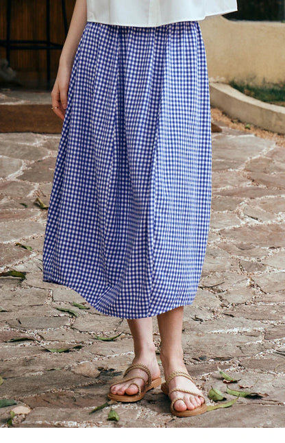 Women's Summer 2026 Midi Elastic Waistband Skirt Elegant Office Ladies Blue Plaid BUD Skirt Female Clothes O57XB99598