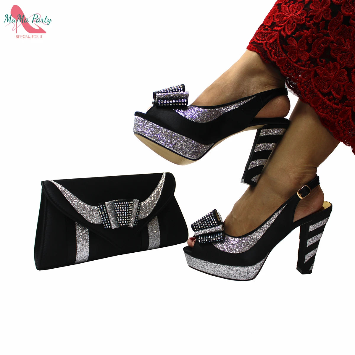 Fashion Pretty Peep Toe African Women Shoes Matching Bag Set in Silver Color Elegant Style Platform Sandals for Party