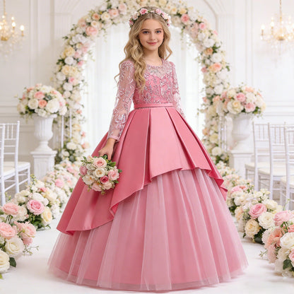 Teens Sequin Bridesmaid Girls Party Dress Long Sleeve First Communion Gown Wedding Party Princess Dresses Bow Christmas Costumes