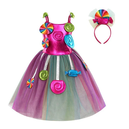 New Sweet Lollipop Candy Girl Dress Carnival Party Little Kids Birthday Costume Fancy Rainbow Tutu Children Wedding Clothes