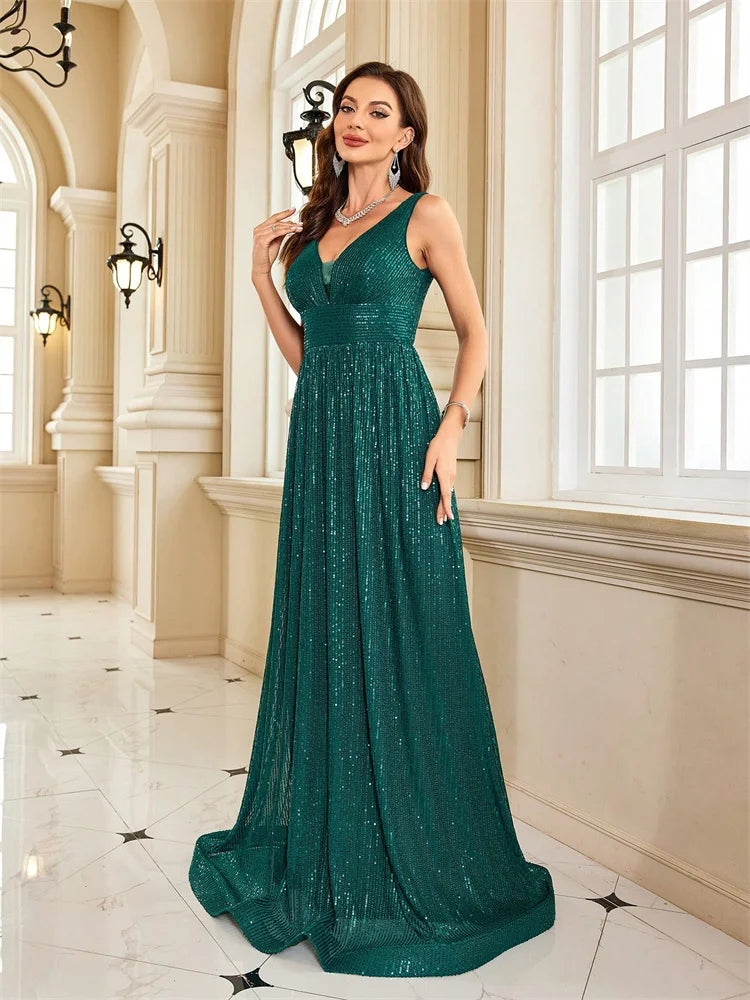 Women Luxury V-Neck Sleeveless Green Formal Evening Dresses Sequins 2025 Wedding Party Prom Maxi Cocktail Dress Vestido