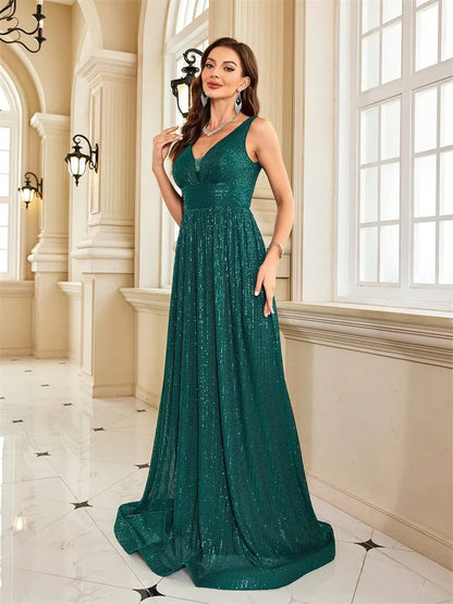 Women Luxury V-Neck Sleeveless Green Formal Evening Dresses Sequins 2025 Wedding Party Prom Maxi Cocktail Dress Vestido