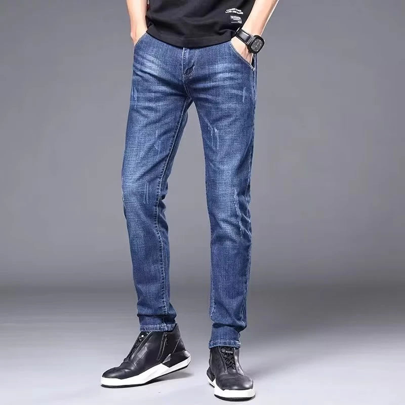 Calça Jeans Masculina Casual Elegante Clássica para Negócios Quatro Estações Preta Azul Calças de Cintura Média Leggings de Tecido Jeans Masculino