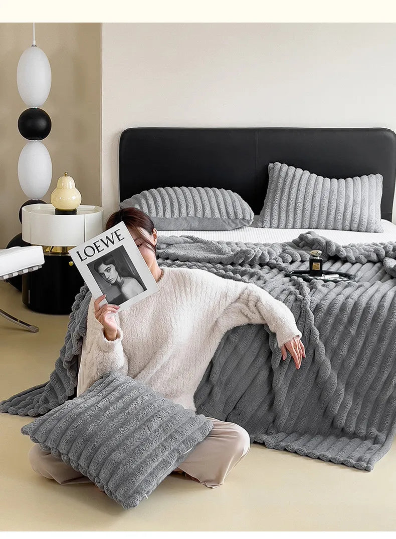 2025 New Rabbit Plush Blanket Draw Stripe Thickened Flannel Blanket Shawl Coral Fleece Sofa Blanket, without Pillowcase