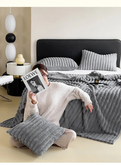 2025 New Rabbit Plush Blanket Draw Stripe Thickened Flannel Blanket Shawl Coral Fleece Sofa Blanket, without Pillowcase