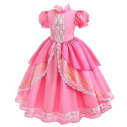 Fantasia de Princesa Pêssego com Luz LED Colorida para Aniversário de Criança Jogo de Roleplay Vestido de Menina para Halloween Festival Rosa Renda 2-9 Anos C