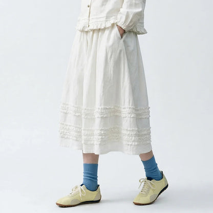 Artistic ruffled half skirt for women, imakokoni 2026 spring forest style white midi skirt, versatile 265387