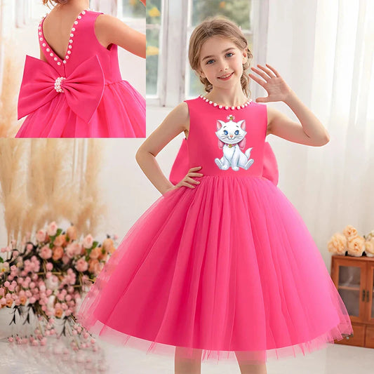 Princess Girl Bow Dress Kids Tulle Wedding Guest Party Birthday Pearls Elegant Bridesmaid Pageant Prom Ball Gown Gift
