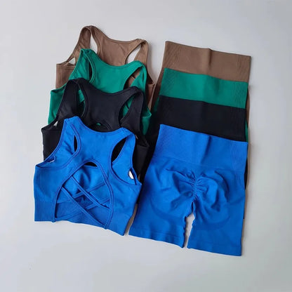 Women's yoga exercise set, paired with cross gathered back and high waisted hip lifting sports shorts