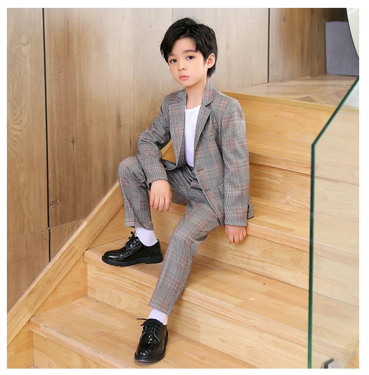 Spring Autumn Kids Boys Suits Elegant Children Boys Plaid Blazer Pant Suits Outfits Set Young Teenager Boys Formal Wedding Suits