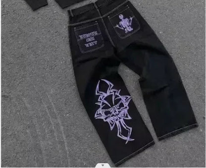 Calça Jeans Larga Retrô Azul com Bordado de Letras de Desenho Animado Hip Hop Harajuku Masculina Feminina Roupa Y2K Rock Cintura Baixa Perna Larga