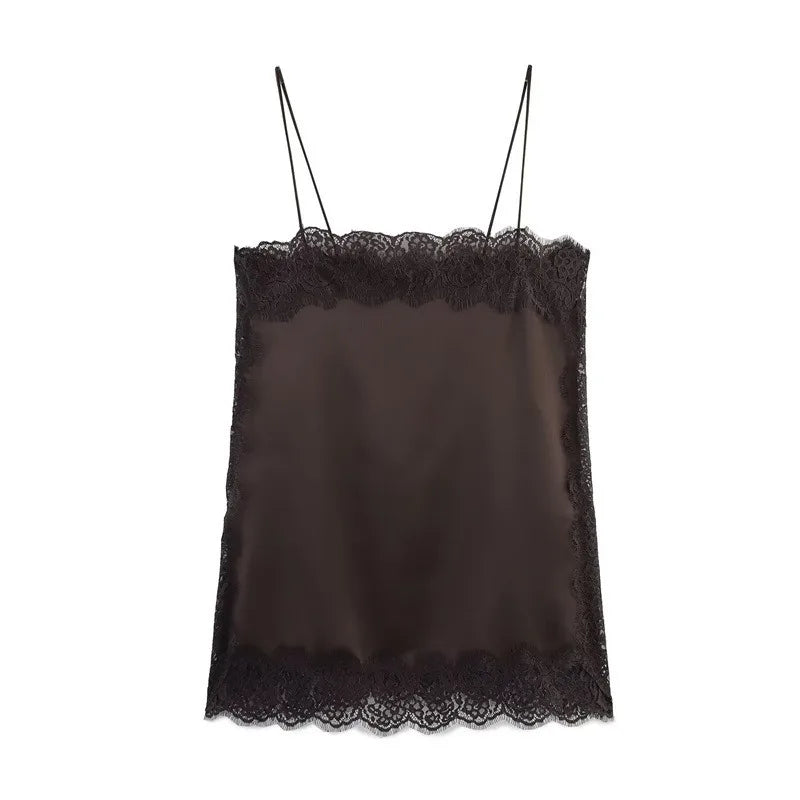 New Summer Fashion Women's Tank Top Elegant Satin Cami with Lace Trim Sexy Women's Spaghetti Strap Blouse Y2k Clothing
