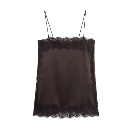 New Summer Fashion Women's Tank Top Elegant Satin Cami with Lace Trim Sexy Women's Spaghetti Strap Blouse Y2k Clothing