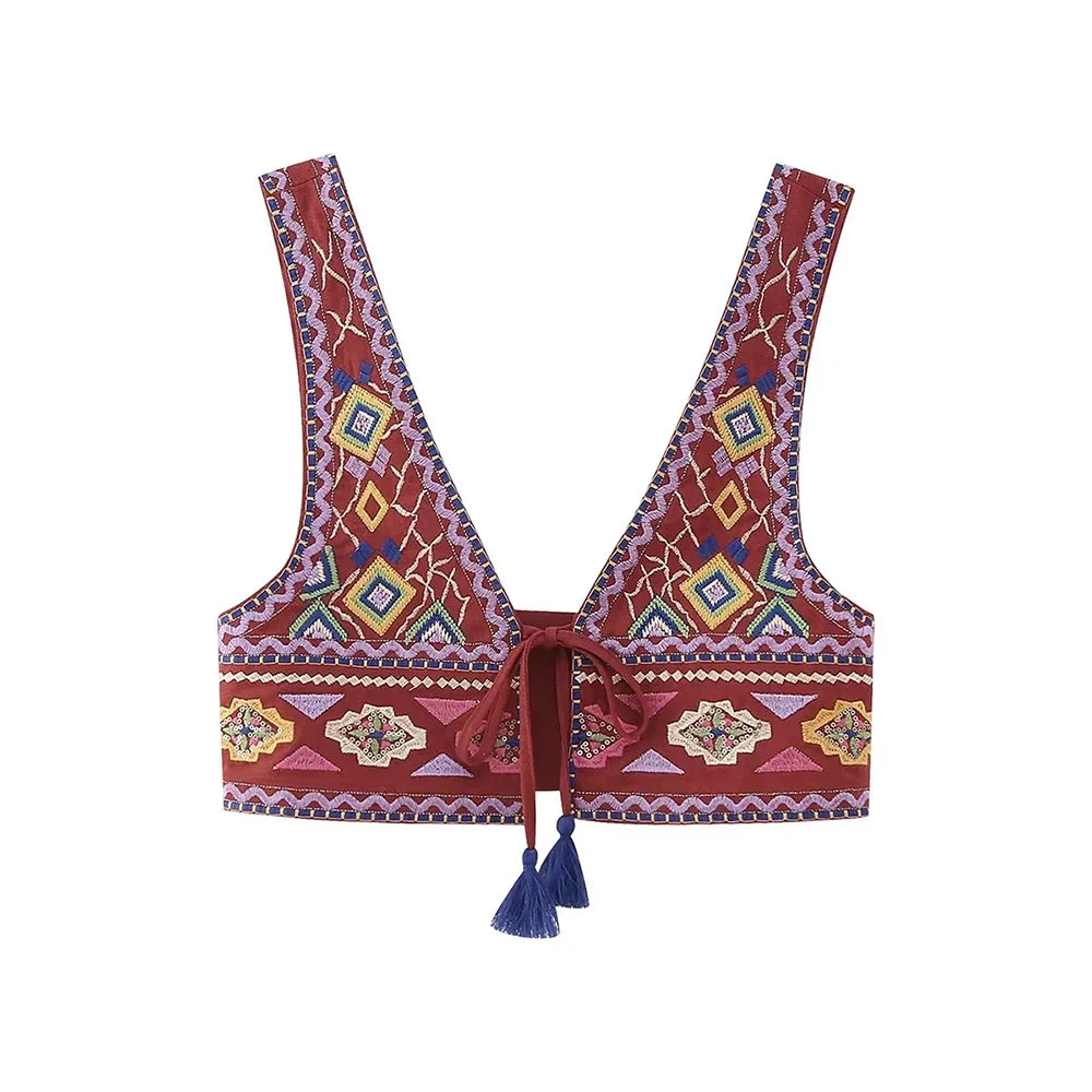 Women Fashion With Tie Tassel Embroidered Crop Tank Tops Sexy V Neck Wide Straps Female Waistcoat Chic Vest Tops