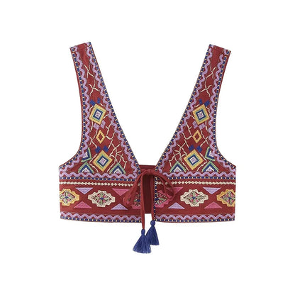 Women Fashion With Tie Tassel Embroidered Crop Tank Tops Sexy V Neck Wide Straps Female Waistcoat Chic Vest Tops