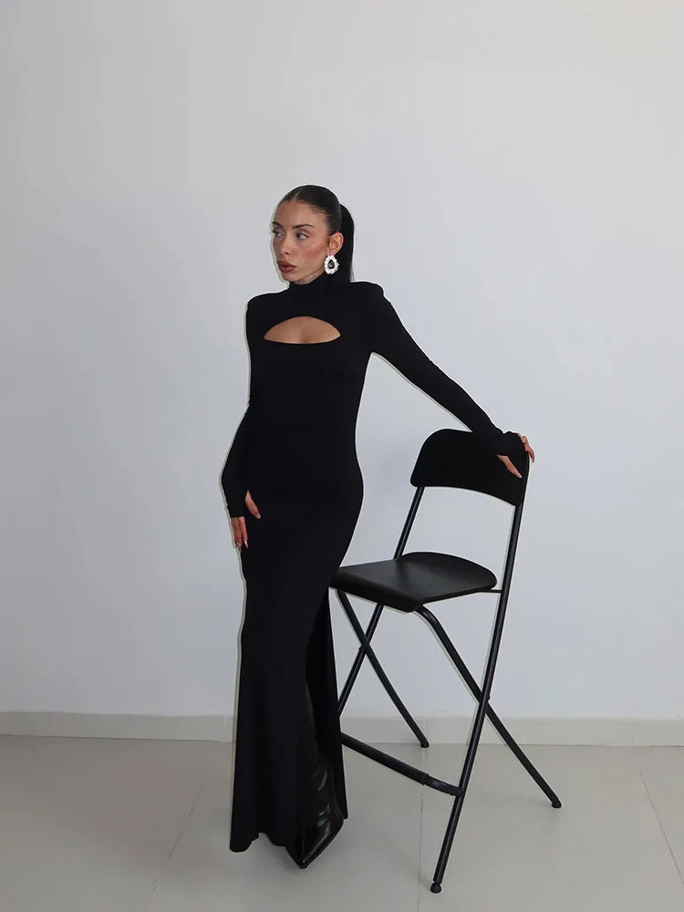Sheath Women's Maxi Dresses Solid Turtleneck Regular Long Sleeves Hollow Out Slim Fit Bodycon Party Vestidos Robes