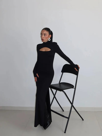 Sheath Women's Maxi Dresses Solid Turtleneck Regular Long Sleeves Hollow Out Slim Fit Bodycon Party Vestidos Robes