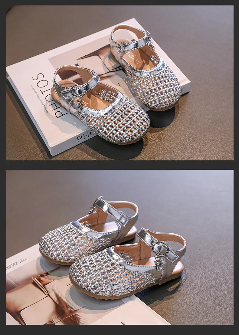 2026 Summer New Girls Woven Princess Shoes Cute Soft Sole Closed Toe Sandals Korean Style Kids Beach Shoes