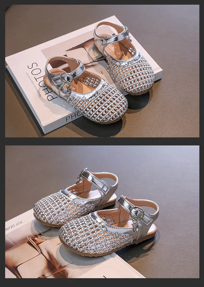 2026 Summer New Girls Woven Princess Shoes Cute Soft Sole Closed Toe Sandals Korean Style Kids Beach Shoes
