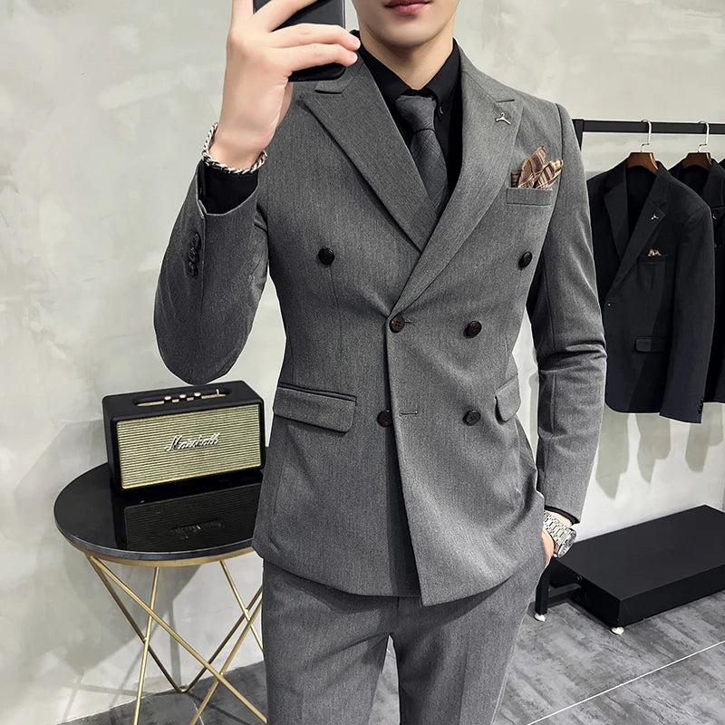 ( Blazers + Pants ) Boutique Fashion Solid Color Double-breasted Men's Casual Business Slim Suit 2-piece Set Groom Wedding Dress
