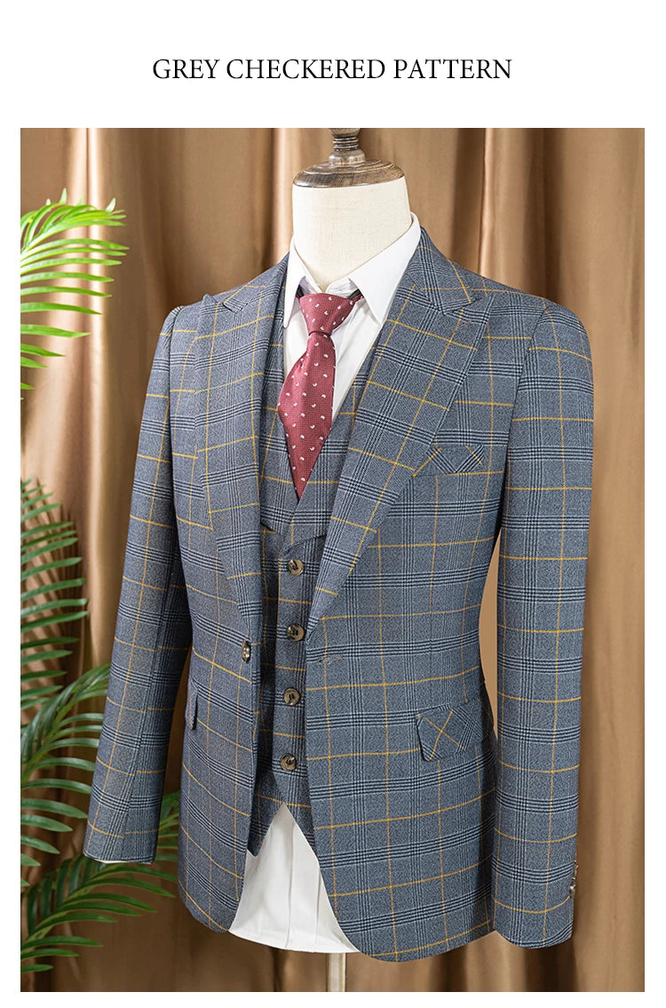 Dark blue 3 Piece Checkered Suit Set  Stylish Business Office Wedding Formal Outfit Elegant full man suit