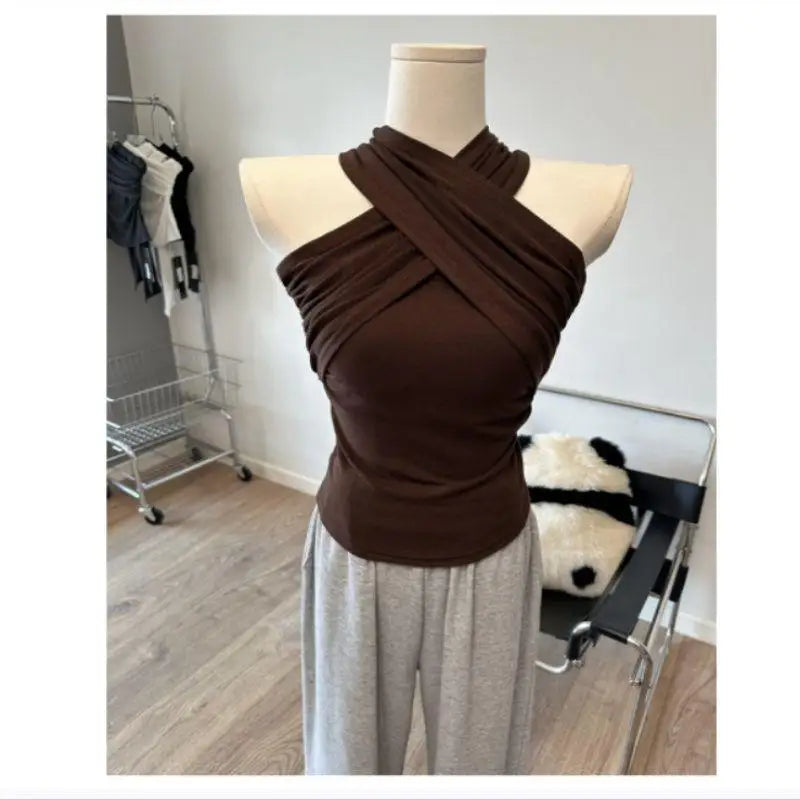 Solid Cross  Tank Top Women Sleeveless Chic 2000s Clothes Y2k Summer Tops New 2026 Korean Fashion Gothic Tanks Tshirt