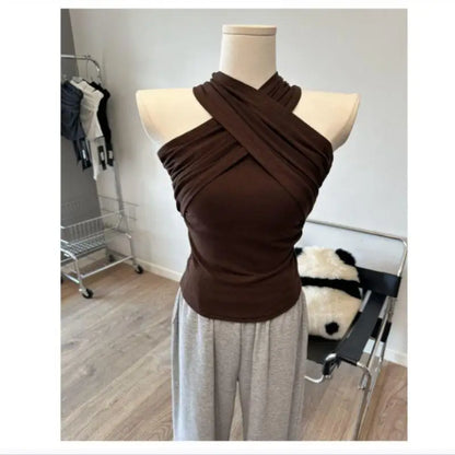Solid Cross  Tank Top Women Sleeveless Chic 2000s Clothes Y2k Summer Tops New 2026 Korean Fashion Gothic Tanks Tshirt