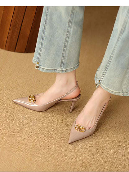Thin heeled Baotou sandals for women's summer 2026 new style, pointed back strap, metal buckle, versatile high-heeled sandals