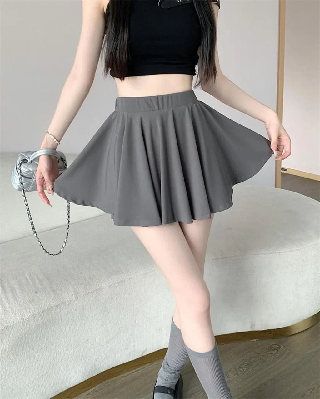 Black Pleated Mini Skirt Ballet Style High Waist Belt Meat Concealing Spring Summer Autumn New Style Slimming Short Skirt