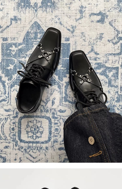 Men's formal leather shoes pointed niche design dark style Oxford shoes strap metal decoration business casual derby shoes