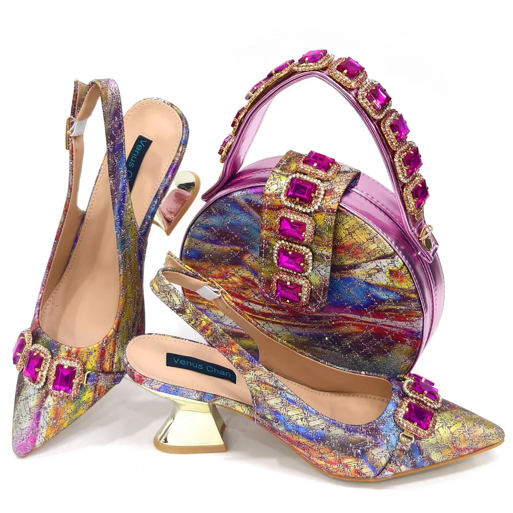 Rhinestone Pointed-Toe High Heels Shoes and Bags Set for Women Wedding and Party Elegant Luxury Fashion in Wine Color