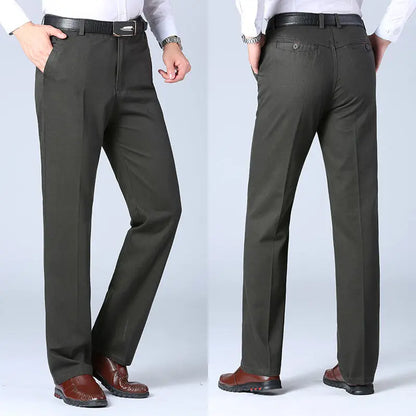 Men's Cotton Suit Pants Smart Casual Straight Solid Color Dress Trousers Men Four Seasons Loose Formal Office Full Length Pants