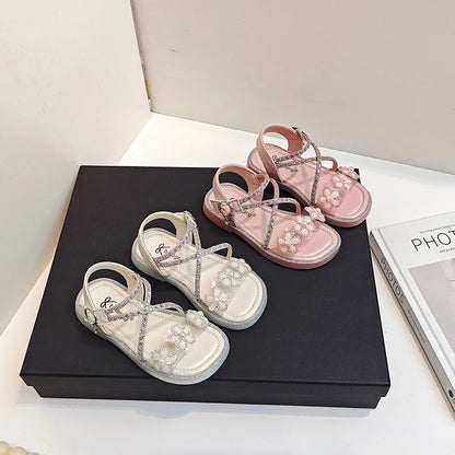 Girls Princess Sandals Children Summer Beach Shoes Soft Bottom Anti-slippery Fashion Kids Flowers Rhinestone Sandals Size 23-36