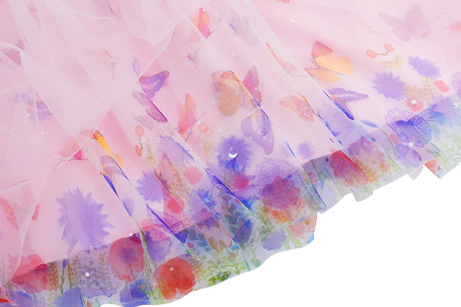 2026 Baby Girl Summer Dresses Kids Pink Butterfly Printed Princess Dress Children Birthday Party Dress Up Girls Fashion Clothes