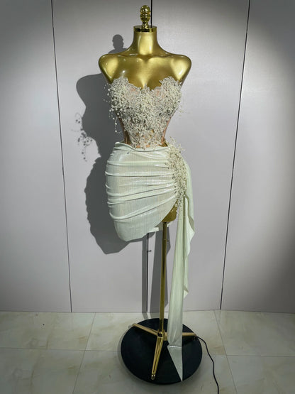 Luxury Shining Pearls Sexy Asymmetrical Skirt 2 PCS Set 2025 Women Evening Birthday Party Stage Dancer Performance Costume